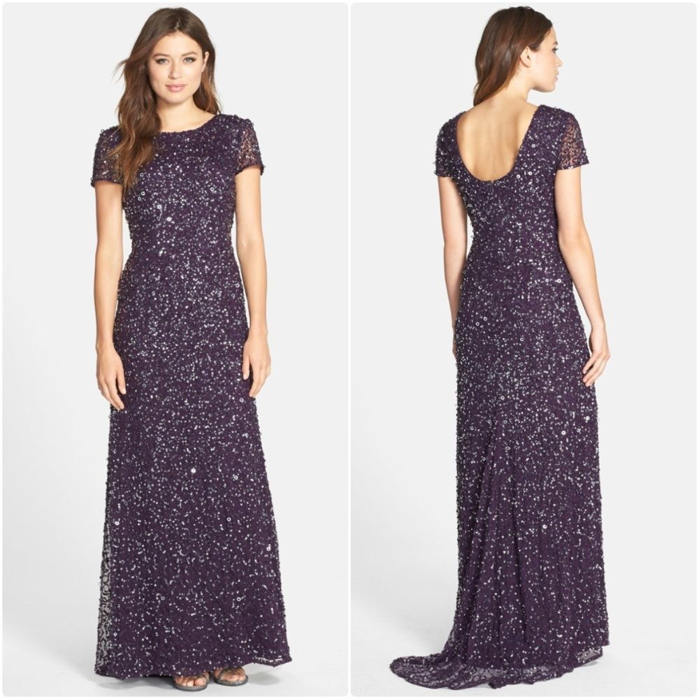 Adrianna Papell Short Sleeve Sequin Mesh Gown
